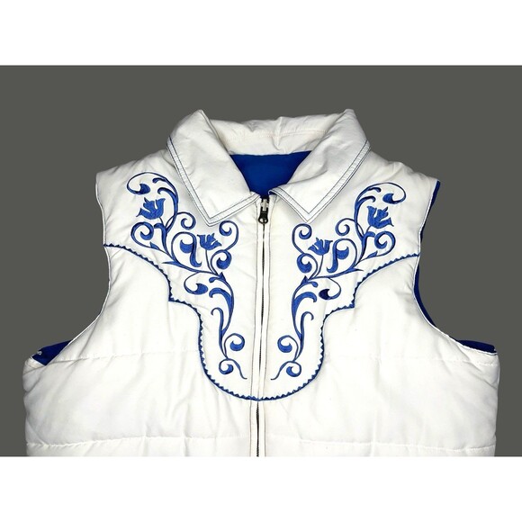 Roper Reversible Quilted Puffer Vest Size XL White Blue Embroidered Western Barn - Picture 2 of 11